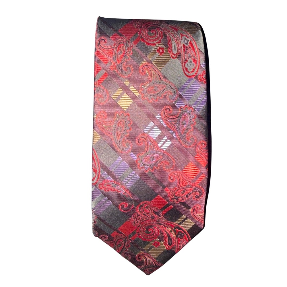 Mens Red Paisley Plaid Silk Blend Necktie Formal Business Dress Tie Multi Color